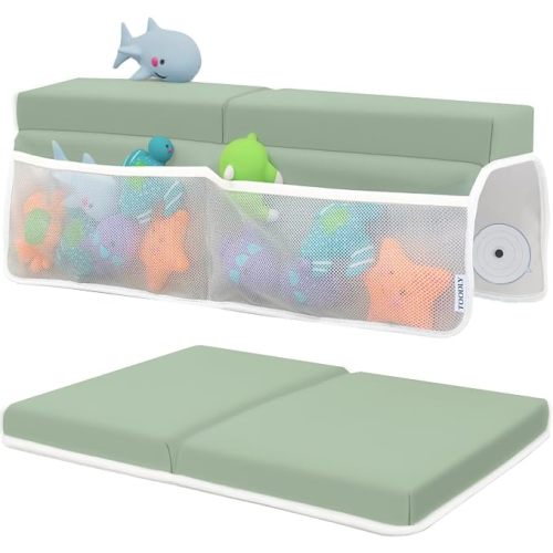 Comfortable Baby Bath Kneeler and Elbow Rest Pad Set – Thick Memory Foam Bath Kneeling Pad with Elbow Support – Baby Bathtub Cushion with Toy Organizer for Bathing Infant or Toddler - Grey