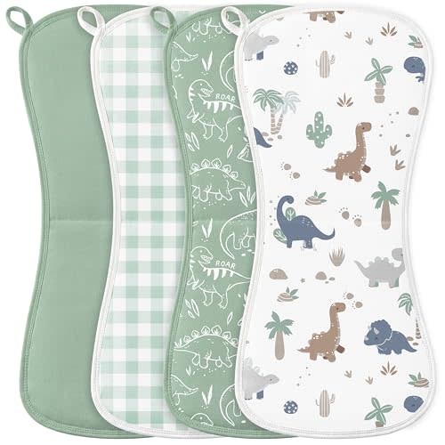 Burp Cloths Baby Boy, Large 21'' X 10'' Cotton Burping Cloths for Babies, Ultra Soft and Absorbent Burp Rags, 4 Pack Set Washcloths Newborn Spit Up Rags Green Dinosaur
