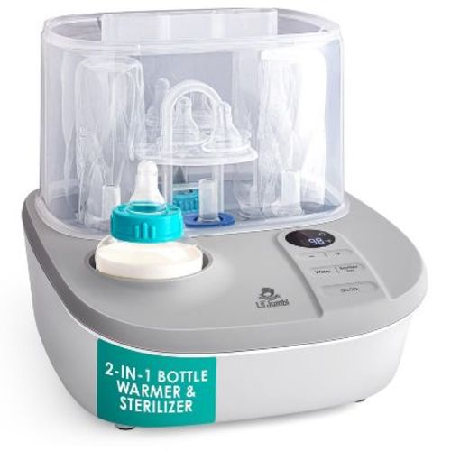 Lil' Jumbl 2-in-1 Baby Bottle Warmer & Sterilizer Dryer warms milk, sterilizes, and steams.