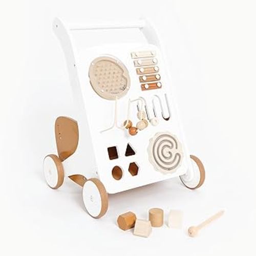 Gathre Wooden Baby Activity Push Walker with Wheels, Busy Board, and Toys Included, Great for Ages 12+ Months, Easily Wipeable, Modern Beige Aesthetic - Camel