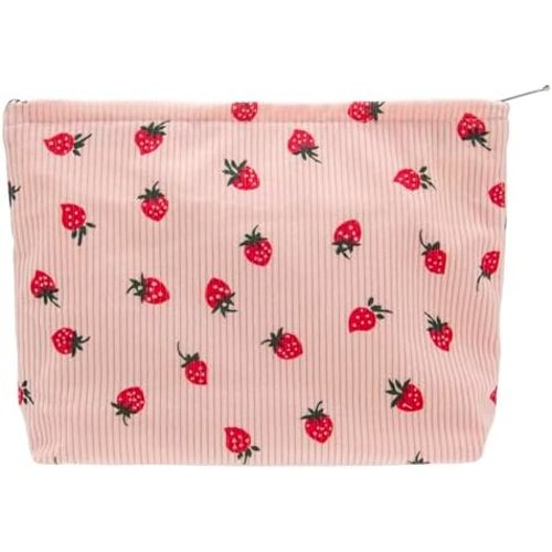 Makeup Bag Large Cotton Zipper Pouch for Purse Travel Canvas Make Up Organizer for Women Cosmetic,Strawberry Pink