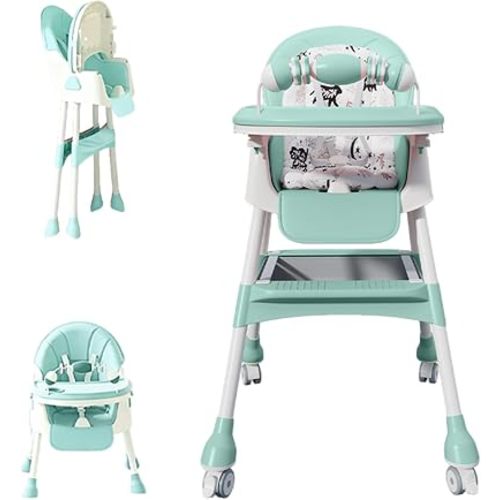 Silla alta plegable 4 en 1 para bebés y niños pequeños, silla alta con cojín de poliuretano desmontable, bandeja extraíble, altura ajustable, ruedas de bloqueo, verde menta