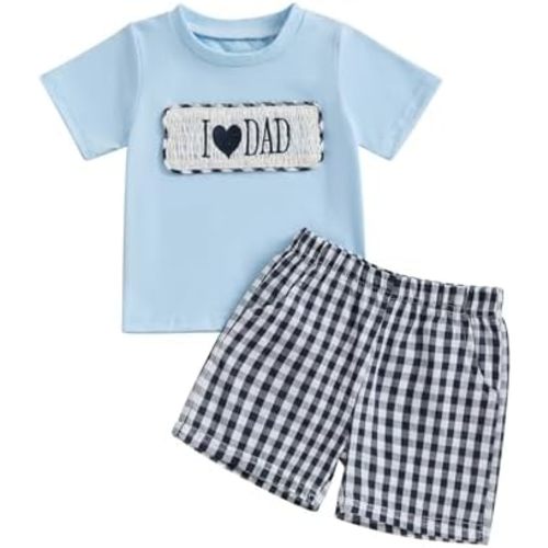 Karuedoo Fathers Day Baby Boy Clothes I Love Dad Embroidery Smocked T-Shirt Top Plaid Shorts Set 2Pc Toddler Summer Outfit