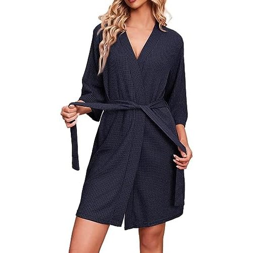 Ekouaer Robes for Women Waffle Knit Bathrobe Soft Lightweight Knee Length Loungewear S-XXL