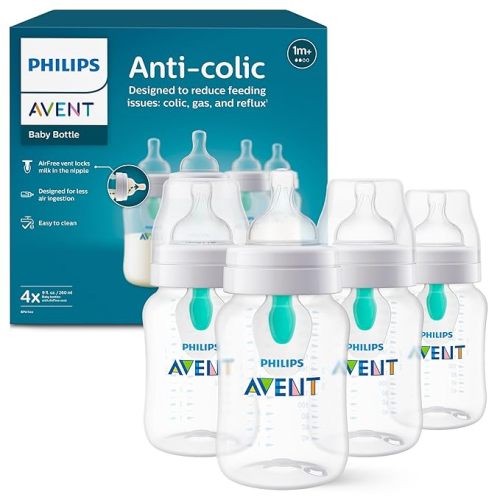 Anti-Colic Baby Bottle with AirFree Vent, 9oz, with Flow 2 Nipples, 1m+, 4pk, Clear, SCY703/04
