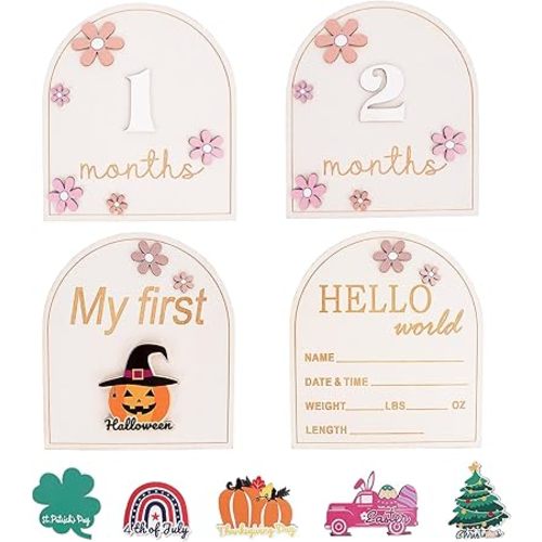 Monthly Baby Milestone, Wooden Floral Monthly Milestone, Baby Announcement Sign, Hello World Newborn Signs Cards, Newborn Photography Props, Document Your Baby's Growth
