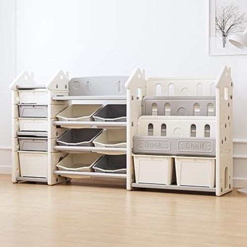 3 in 1 Kids Toy Storage Organizer with Bookshelf, Large Toddler Toy Storage Cabinet Box Bin for Living Room, Playroom/Classroom, Toy Shelf for Girl Boy