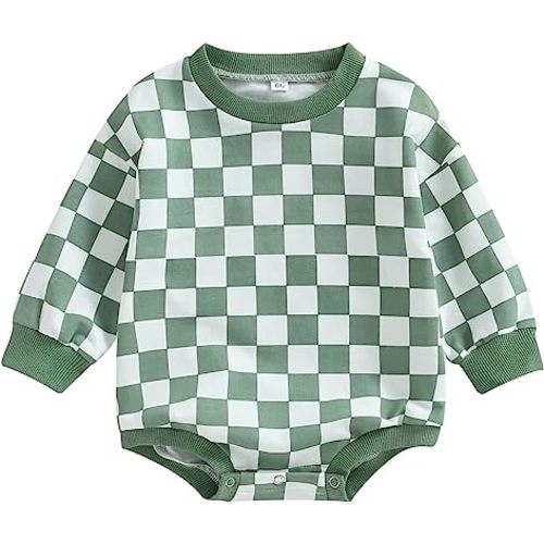 Karuedoo Baby Boy Girl Checkered Sweatshirt Romper Oversized Long Sleeve Bubble Romper Top Neutral Baby Fall Clothes