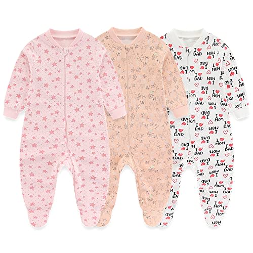 MAMIMAKA Newborn Baby 2-way Zipper Romper Cotton One-piece Jumsuit 3-pack, 0-24 Months