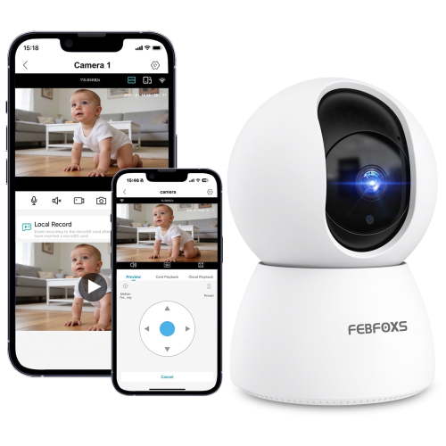 Febfoxs 2K Baby Monitor, WiFi Camera with Audio, Night Vision, Motion Detection, 360° Tracking