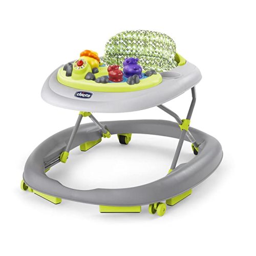 Chicco Walky Talky Foldable Baby Walker, Multilingual Play Tray with Music and Lights, 3 Height Adjustments, Brake Pads, for Children up to 26 lbs., Compact Fold | Circles/Grey/Green