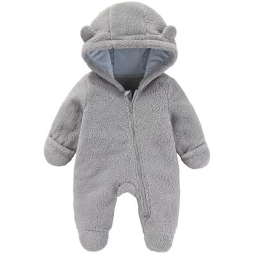 Baby Fleece Snowsuit, Infant Winter Coat, Hooded Long Sleeve Baby Rompers Jumpsuit with Footies