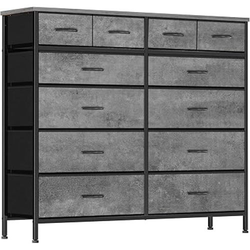 VASICAR Gray Dresser for Bedroom with 12 Deep Drawers, Wide Chest of Drawers, Wood Top TV Stand, Tall Fabric Storage Cabinet for Closet, Nursery, Kid's Room