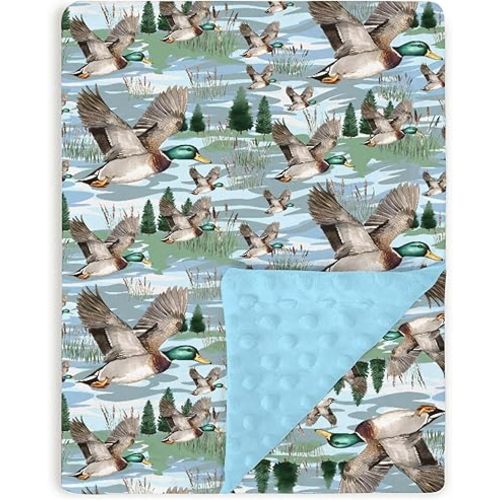 Blue Baby Blankets for Boys 30" x 40", Soft Double Layer Minky Blanket with Dotted Fleece Back, Nursery Bed Receiving Quilt for Newborn Infant Toddler Shower Gift Mallard Duck Hunting Theme