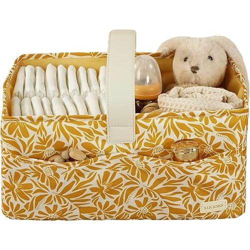 Floral Baby Diaper Caddy Organizer, Nursery Storage Basket For Newborn Essentials and Diaper Changing Station, Baby Shower Gifts(Yellow)