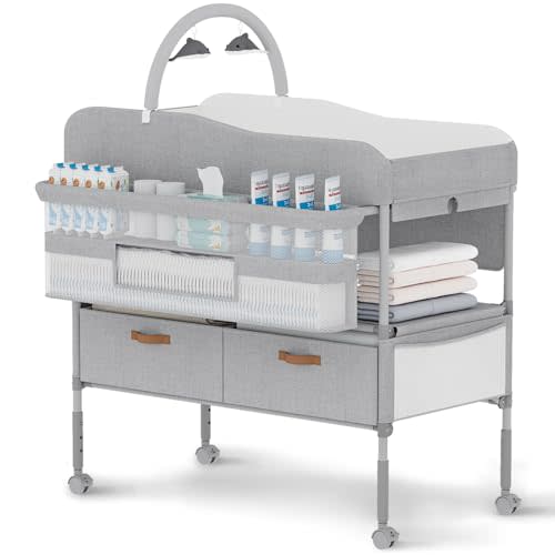 Diaper Changing Station, Portable Changing Table for Baby, Diaper Changing Table with Storage Drawers, Waterproof Baby Changing Station with Wheels and Adjustable Height for Newborn Infant and Toddler