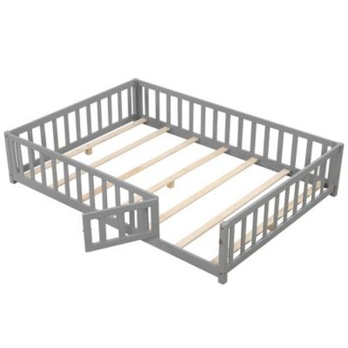 Costway Full Size Floor Bed Montessori Bed Frame w/ Full-length Guardrails & Safety Door Gray