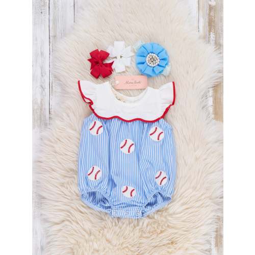 Dugout Ball Striped Embroidered 100% Cotton Ruffle Bubble Romper