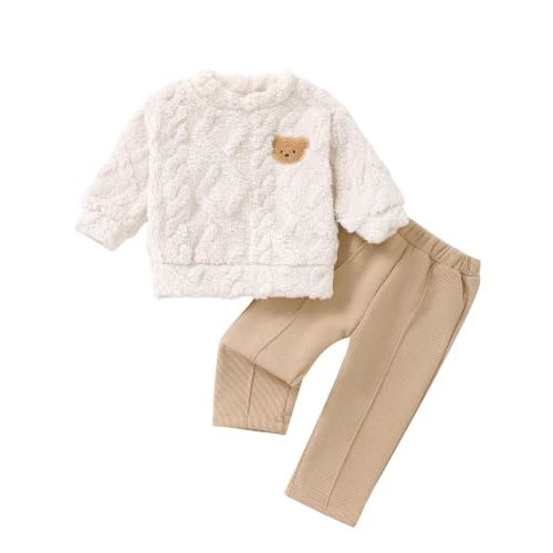 Jecson Toddler Boy Clothes Fleece Top and Ribbed Pants Outfit Set 12M-4T | Soft fleece top and ribbed pants for baby boys 12M-4T; gentle, stretchy, shrink-resistant comfort for fall, winter, play
