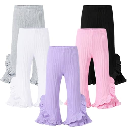 5 Pack Toddler Girl Flare Pants | Cotton Ribbed Bell Bottoms with Ruffle Hem, Soft Stretchy Baby Flared Leggings, Boho Casual Outfit 0-5 Years