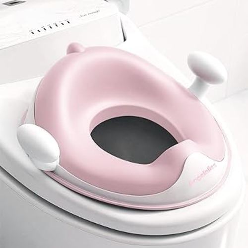 ANGELBLISS Baby Potty Training Toilet Seat with Soft Cushion Handles, Haute Collection, Double Anti-Slip Design and Splash Guard for Boys and Girls (Pink)