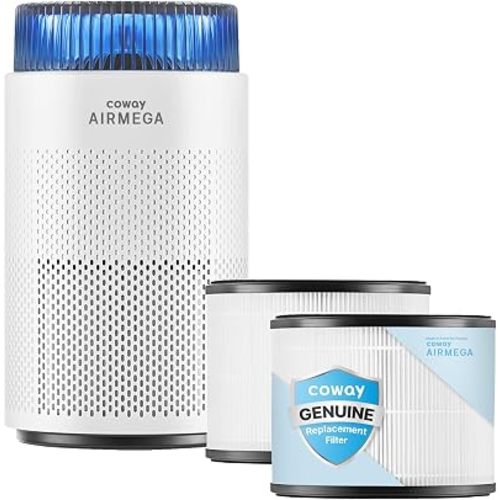 COWAY Airmega 100 Air Purifier Bundle with 2-Year Filter Supply (1 Pre-installed + 1 Extra), HEPA for Smoke, Allergies, PM 10 Sensor, Auto Mode, ENERGY STAR, 2yr Warranty, White