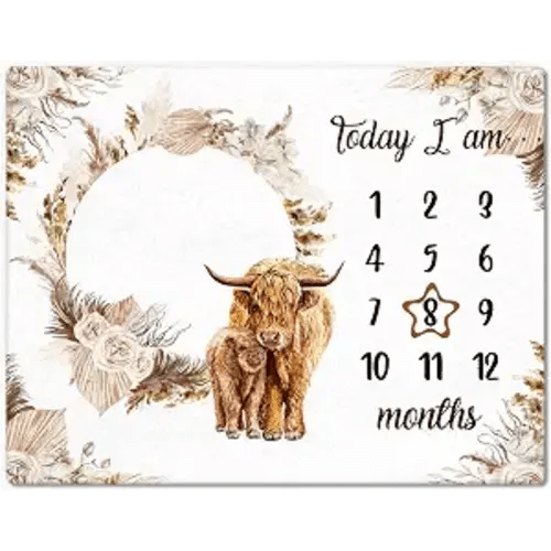 Boho Floral Baby Monthly Milestone Blanket Neutral Bohemian Photo Prop Blanket Personalized Highland Cow Baby Present Pampas Grass Ideas for Newborn Nursery Decor (Brown, Highland Cow)