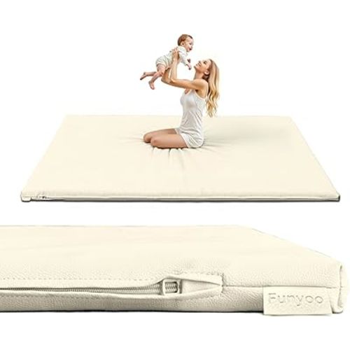 Padded 71" ×59" Large Baby Play Mat for Floor, 1.2" Thick Memory Foam Playmat with Soft Vegan Leather Cover, Cushioned Play Mat for 71" x59" Playpens, Beige