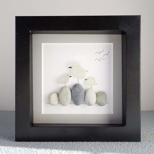 Three Sea Glass Birds on Rocks
