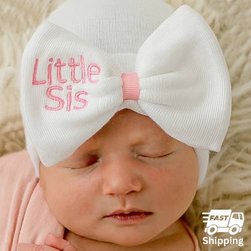 Little Sis Monogrammed Newborn Hospital Hat: White Bow, Pink Ribbon