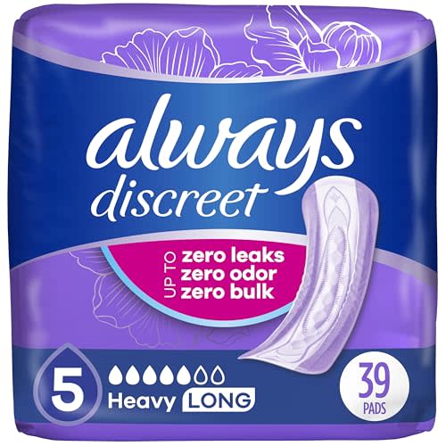 Always Discreet Adult Incontinence Pads for Women, Drier, 5 Drop Long Length, Heavy Absorbency, Pads for Bladder Control Management, Bladder Leaks, & Postpartum Pads, 39ct