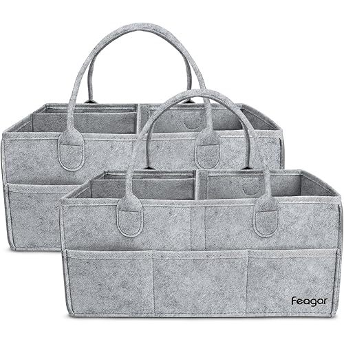 Feagar Baby Diaper Caddy Organizer, 15 Inch Large 2 Pack Set with 8 Pockets & 2 Dividers, Portable Nursery Storage Basket & Car Organizer for Changing Table, Travel (Grey)