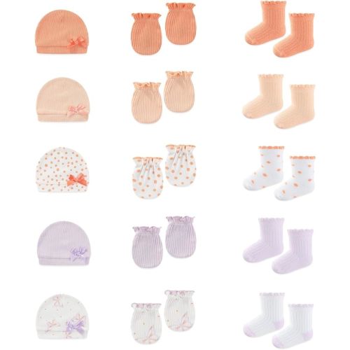 15 Pack Infant Hats Gloves Socks Unisex Baby Boy Girl Accessories Set Cotton New Born Caps Mittens