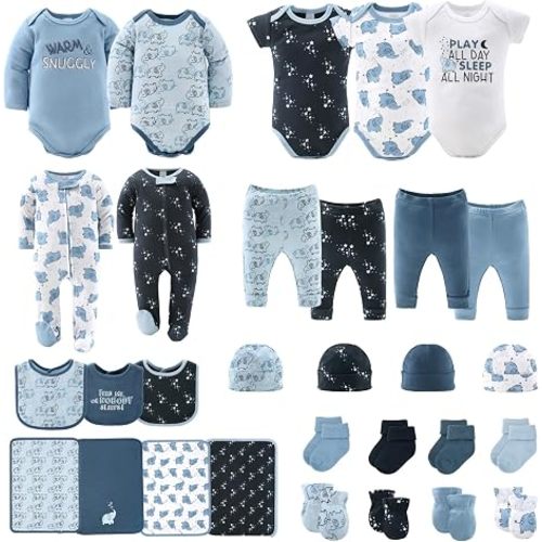The Peanutshell Baby Layette Gift Set for Boys - 30 Piece Layette Set, Newborn to 9 Months Baby Boy Clothes - Elephant Blue