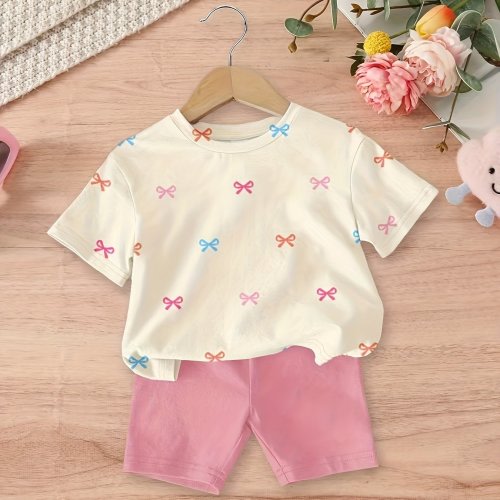 Summer Casual Outfit for Baby Girls, Suitable for Infants Aged 6 Months to 3 Years, Featuring a Round-Neck Short-Sleeve Top with a Multicolored Bow Print, Paired with Solid-Color Shorts for Newborns, Perfect for Outings, for Outdoor