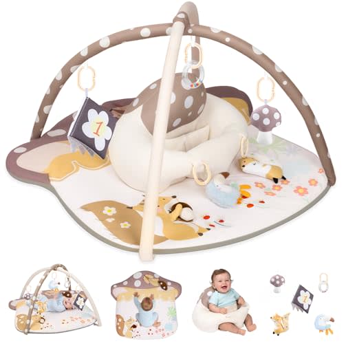 3-in-1 Baby Play Mat & Baby Seats for Infants for Sitting Up, Tummy Time Gym Activity Mat with 5 Detachable Toys, for Babies 0-6-12-18 Months, Newborn Babies Shower Gifts(Khaki)