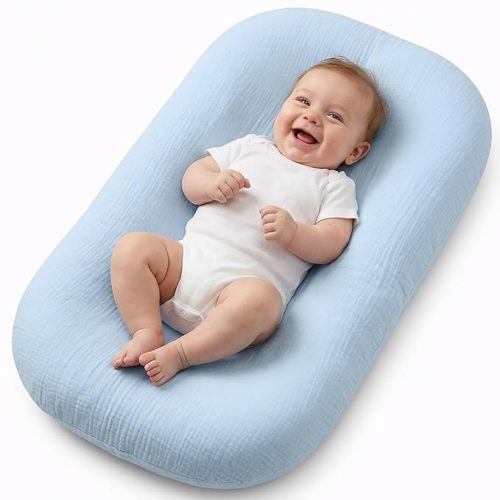 Infant Support Mat, Muslin Cotton Cover, Supportive Tummy Time Mat for Supervised Awake Use, Lightweight Portable Baby Activity Mat (0-24 Months), Blue-Gray