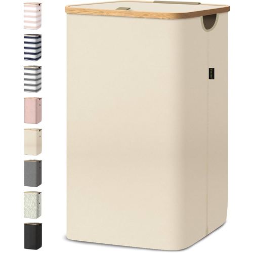 BALEINE Laundry Hamper with Lid, Tall Laundry Baskets with Bamboo Pull Handles, Large Laundry Bin with Internal Support (26 Gal/100L, Beige)