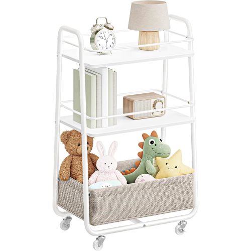 VASAGLE LILEA Collection - Storage Cart with Fabric Basket, 3-Tier Rolling Utility Cart with Wheels and Shelves, for Living Room Bedroom Kitchen, Natural Beige and Cream White ULRC001LL02