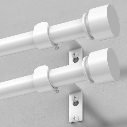 Modern White Curtain Rods 2 Pack for Windows 30 to 56 Inch, 1" Diameter Adjustable Heavy Duty Window Curtain Pole with Matte White End Cap Finials, Decorative Drapery Rods for Living Room, Bedroom