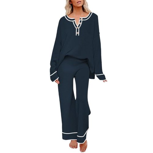 Pink Queen Women's 2 Piece Outfit Set Long Sleeve Button Pullover Sweater Top and Wide Leg Pants Knit Sweatsuit