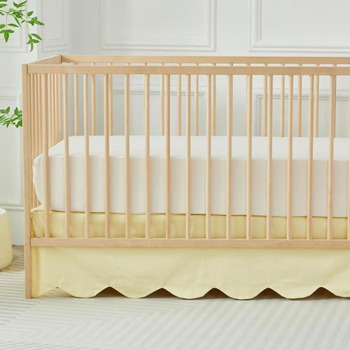 Brandream Scallop Edge Cotton Crib Skirt Toddler Bedskirt Baby Nursery Crib Bed Skirt Boho Bohemian Neutral Solid Color Light Yellow Farmhouse Chic Bedding Skirt