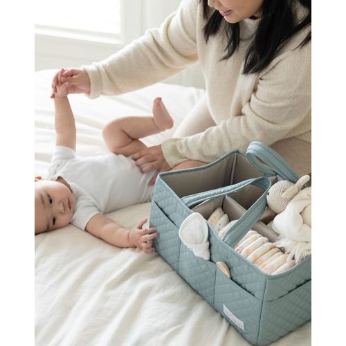 Lily Miles Baby Diaper Caddy Organizer, Quilted Nursery Storage Basket for Newborn Essentials and Diaper Changing Station, Gift for Baby Shower and Registry Must-Have (Willow Green)