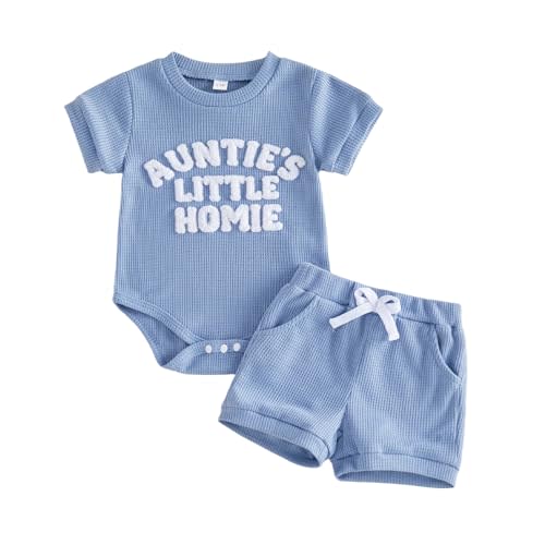 Aunties Little Homie Baby Clothes Newborn Boy Short Sleeve Letter Romper and Waffle Shorts Sets 2Pcs Summer Outfit