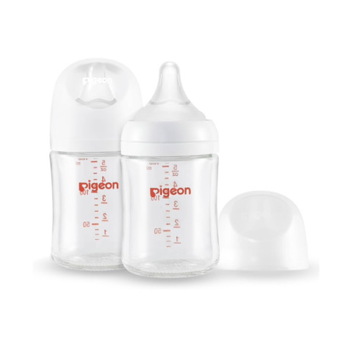 Pigeon Glass Nursing Bottle Wide Neck, Anti-Colic, Streamlined Body, Natural Feel, Easy to Clean, Heat-Resistant, 5.4 Oz (Pack of 2), Includes 2pcs SS Nipples (0m+)