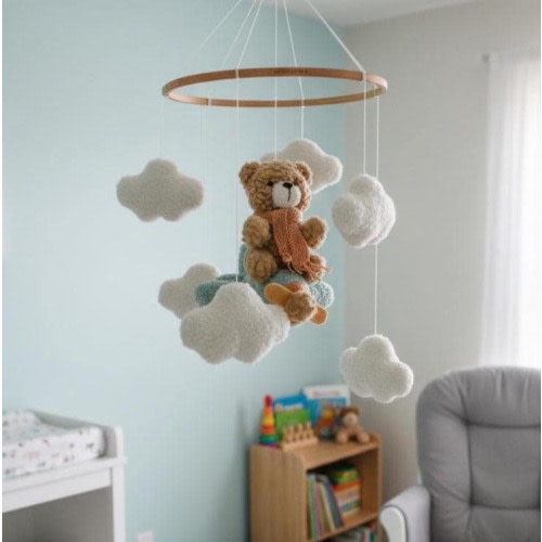 Boucle Teddy Bear Airplane Mobile, little aviator, Neutral Nursery Decor