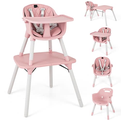 HONEY JOY 5-in-1 High Chair, Convertible Highchair for Babies and Toddlers/Kids Chair Table Set/Infant Feeding Chair w/Safety Harness, PU Leather Cushion & Removable Food Tray (Pink)