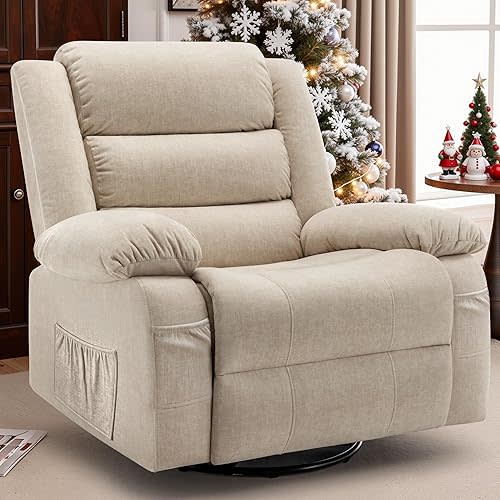 Korser Recliner Chair, Wide Rocker Chair, Rocking Chair with Massage and Heat,360°Swivel Nursery Rocking Chairs, Oversized Recliner for Adults, Cashmere Reclining Sofa for Living Room, Khaki