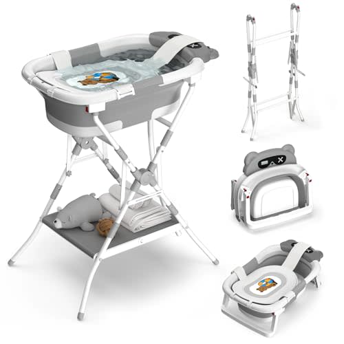 Baby Bathtub with Stand, Foldable Metal Standing Baby Bath Tub, 3-in-1 Anti-Slip Collapsible Tub with Cushion Storage Pad, Elevated Design for Newborn Toddler, Gray