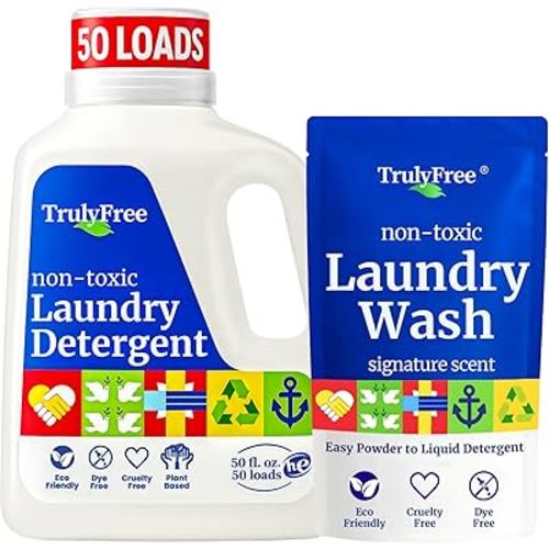 Truly Free Natural Laundry Detergent for Sensitive Skin | Eco Friendly, Plant Based, Baby Clothes Safe | Clean & Easy Powder to Liquid, 1 Pack Detergent + 1 Refillable Jug | Signature Scent, 50 Loads